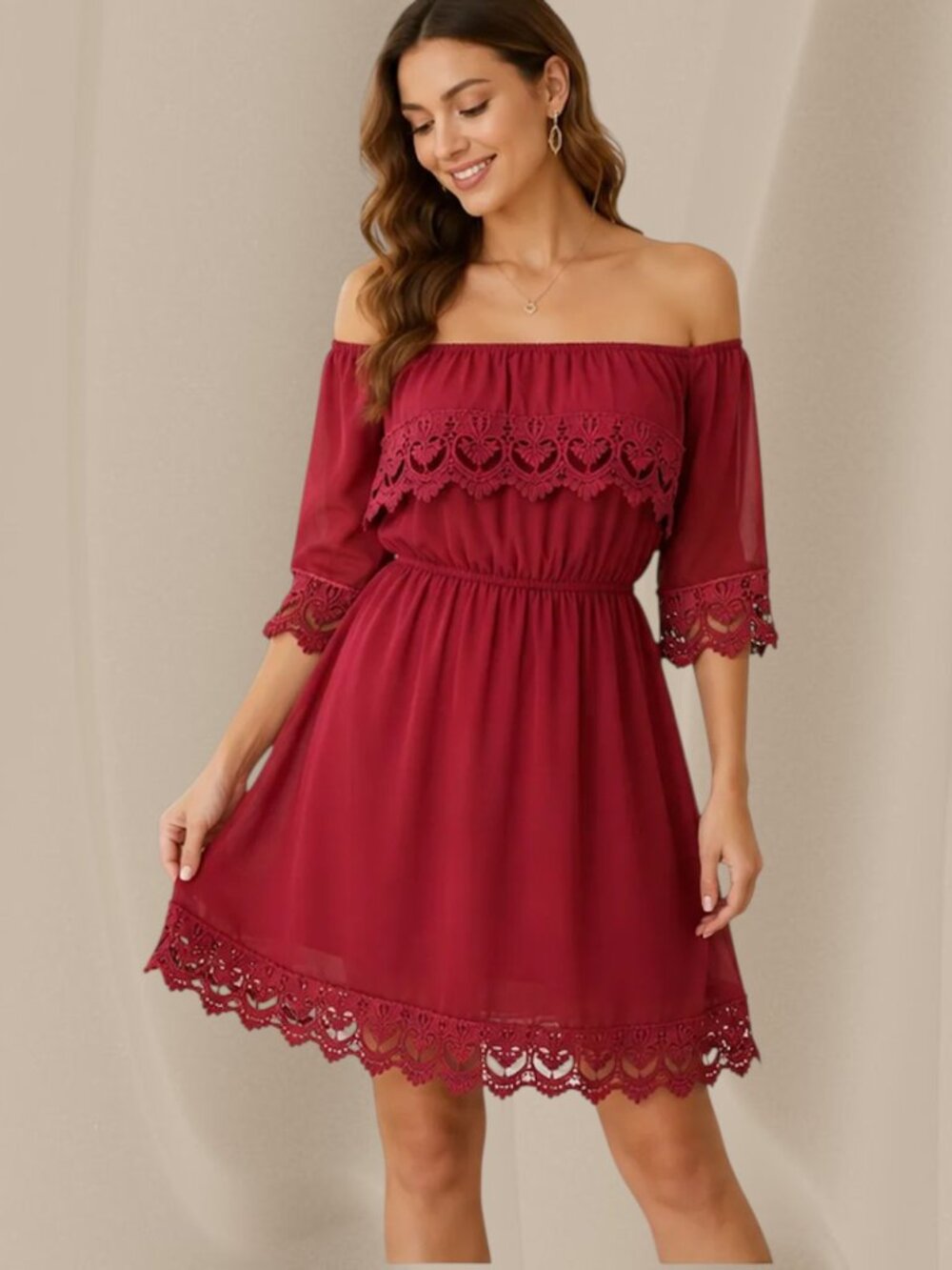 Umgee Off the Shoulder Crochet Lace Mini Dress Crimson Boho Feminine (Sz M)
